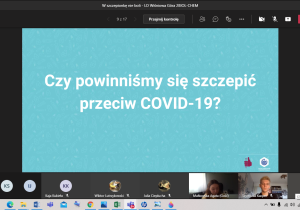 Screen strony zawierającej prezentację na temat szczepionki przeciwko covid19.Biały napis na turkusowym tle.