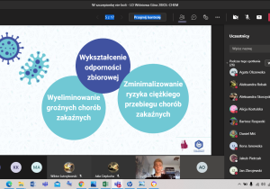 Screen strony zawierającej prezentację na temat szczepionki przeciwko covid19.Informacje w turkusowych kołach. Jedno z nich jest granatowe.