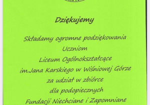 Podziękowanie za akcję w formie dyplomu.