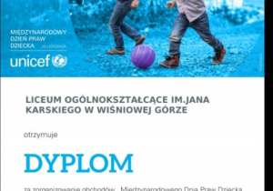 Dyplom dla szkoły za akcję z okazji Międzynarodowego Dnia Praw Dziecka