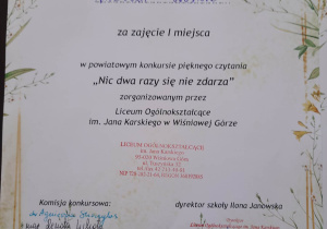 Powiatowy konkurs pięknego czytania poezji Wisławy Szymborskiej "Nic dwa razy się nie zdarza"